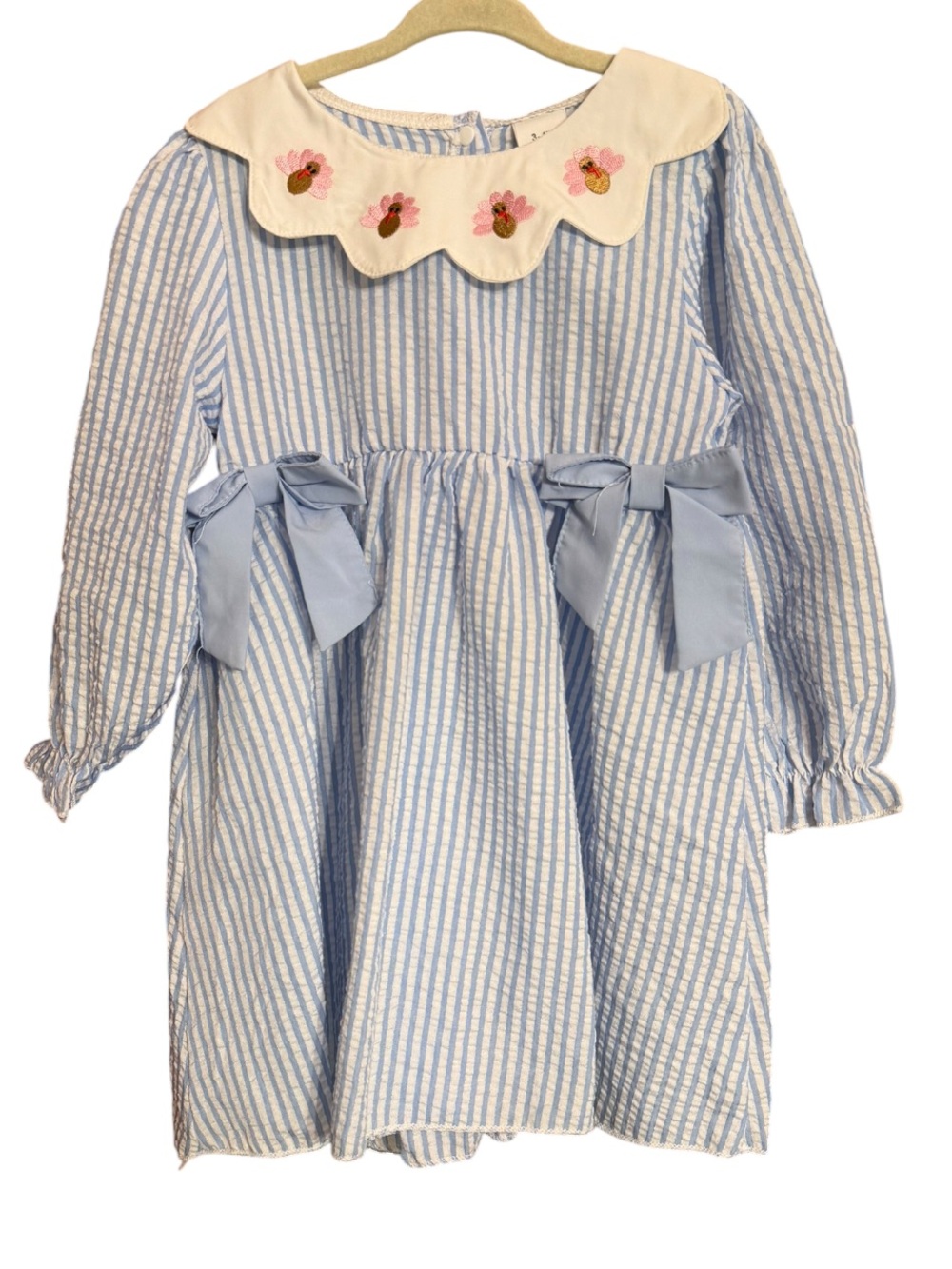 Girls' Blue Seersucker Bow Dress with Turkey Embroidered Collar NEW Size 3/4